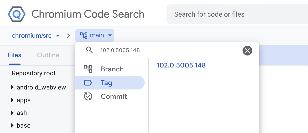 Selecting Chromium 102.0.5005.148 on Chromium Code Search