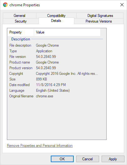 Google Chrome exe resources