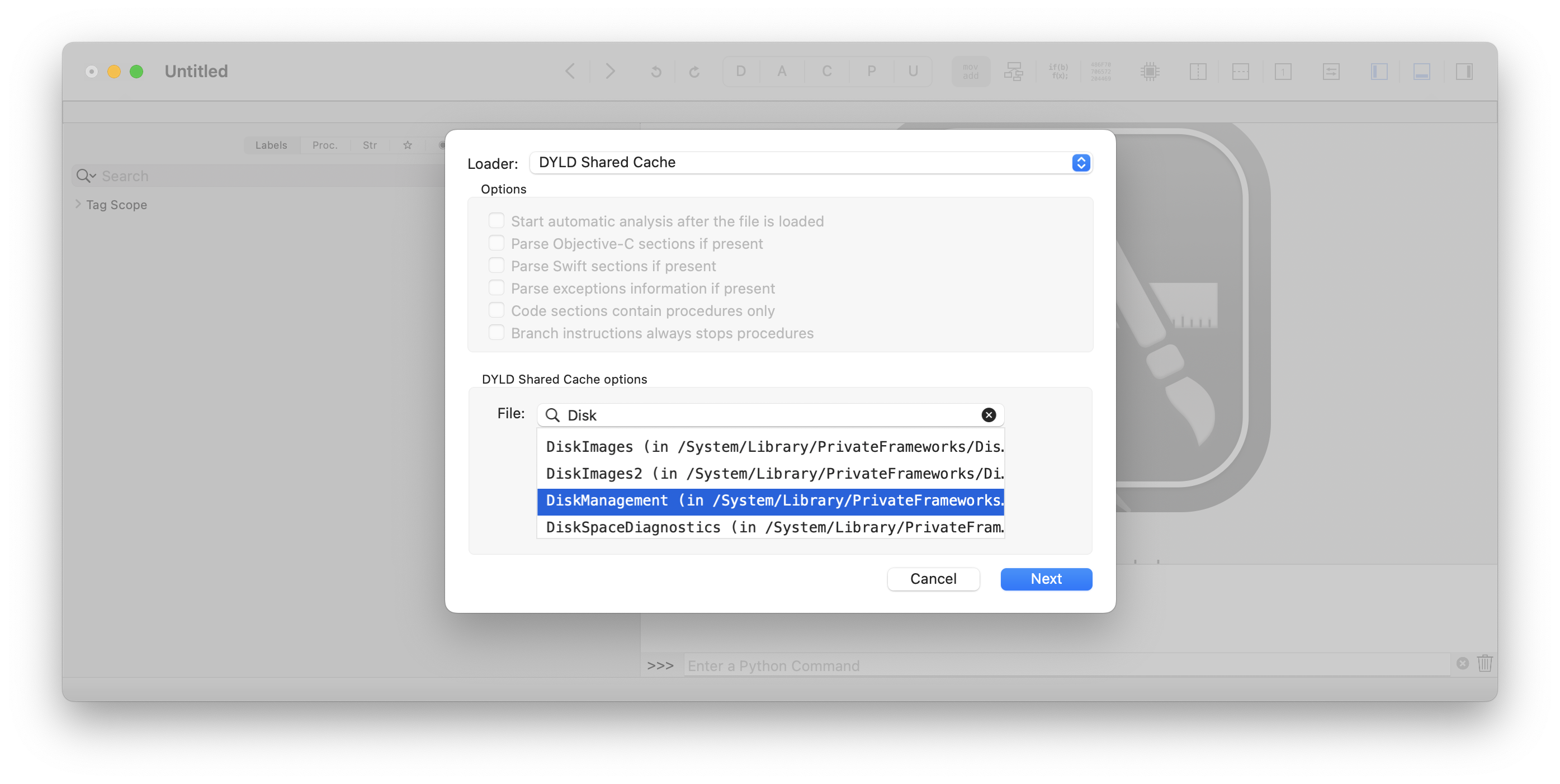 Using Hopper to search for DiskManagement in the DYLD Shared Cache