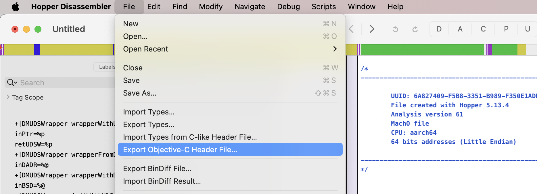 Using Hopper to export the Objective-C headers of DiskManagement