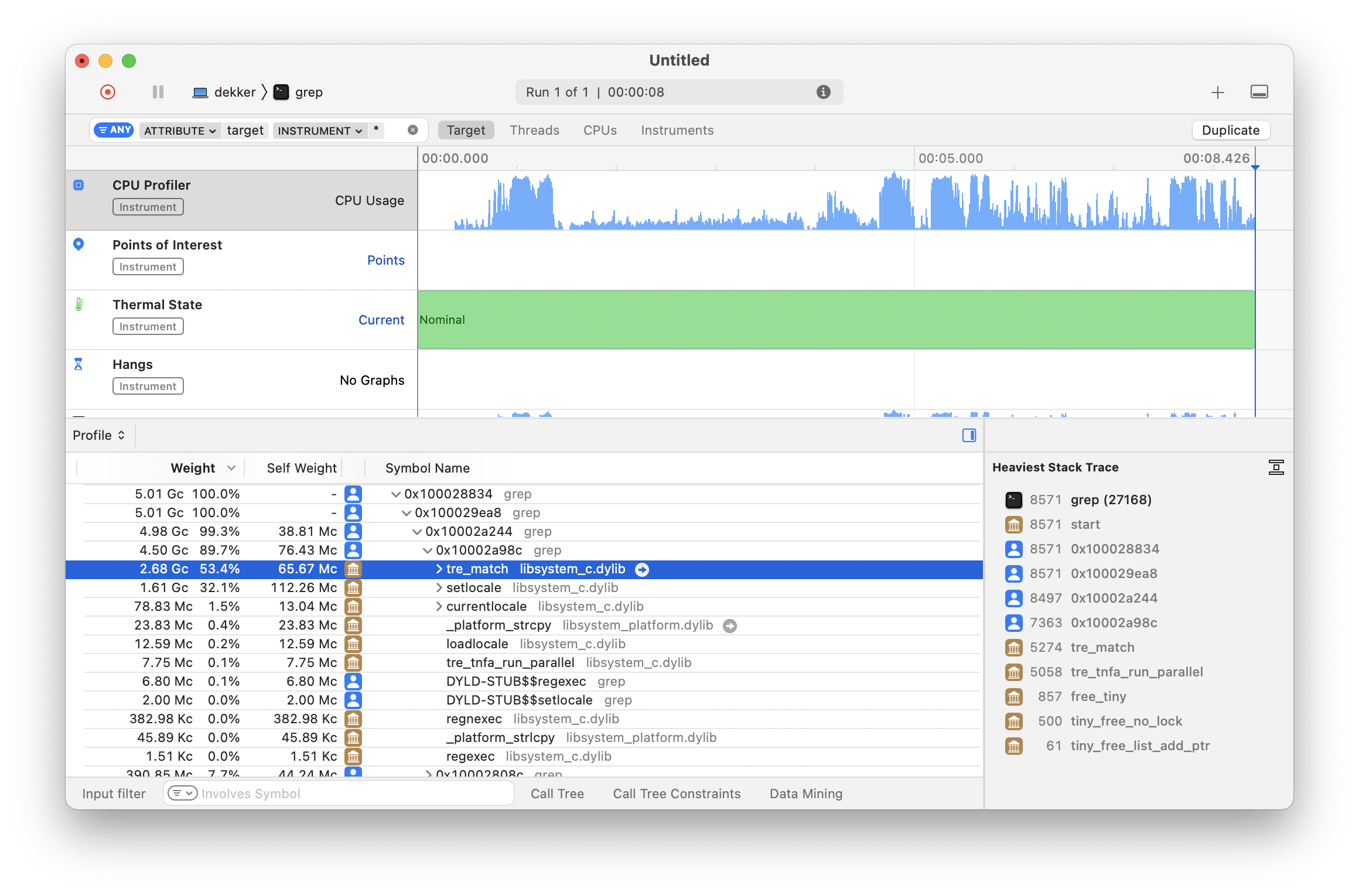 Profiling grep(1) searching for “Brendan Gregg” in the macOS SDK