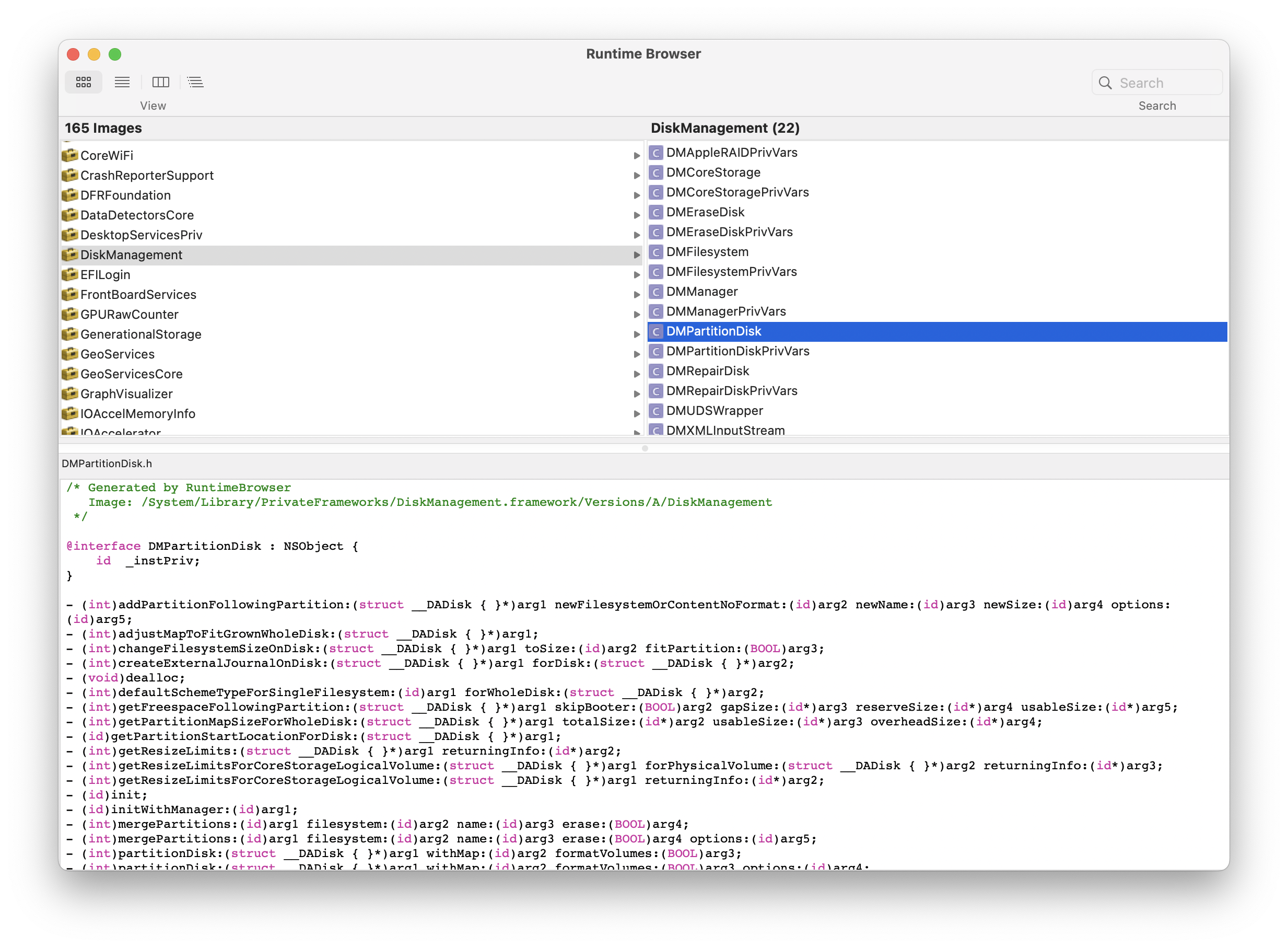 Exploring the DMPartitionDisk class using RuntimeBrowser