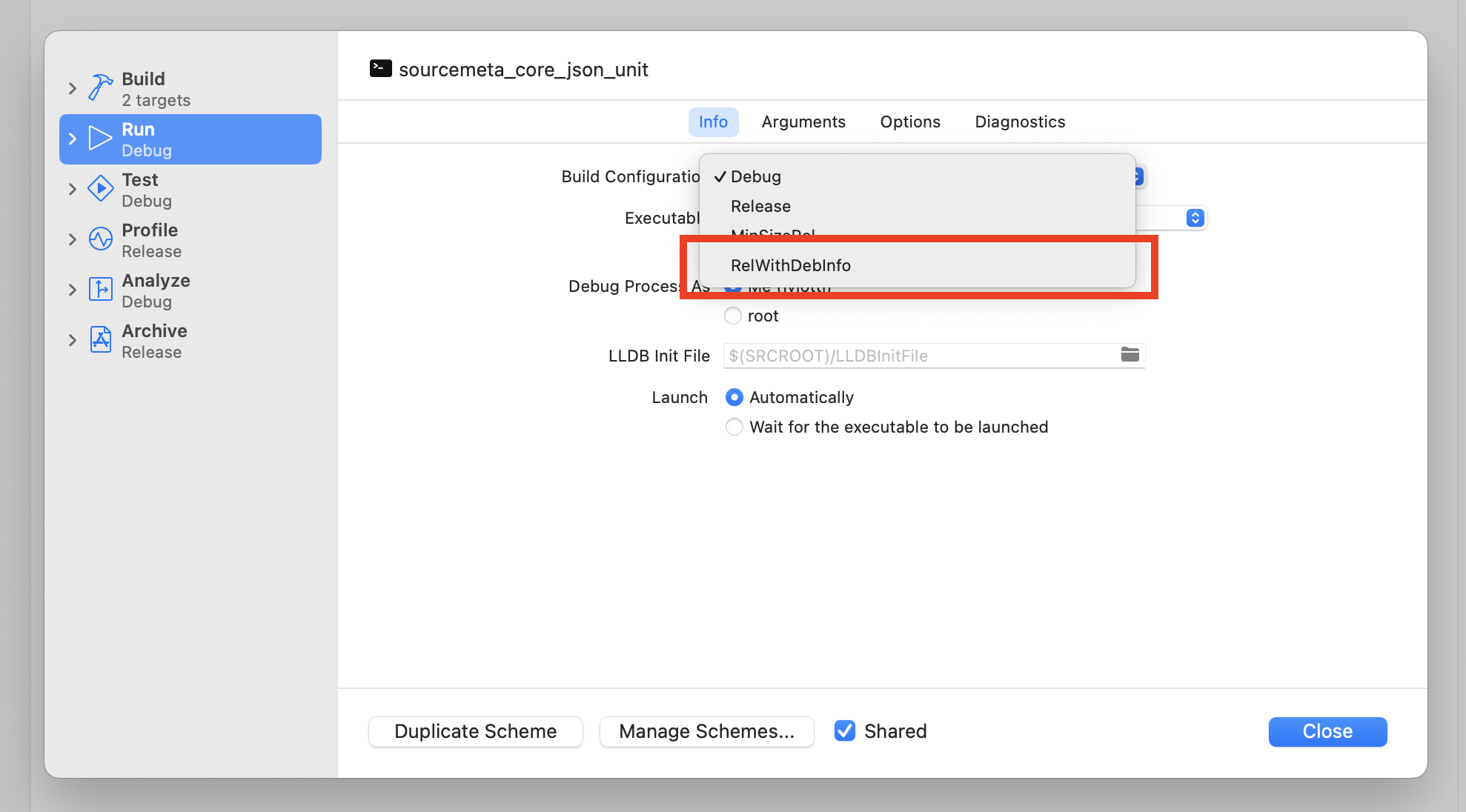 Configuring a target to use the RelWithDebInfo CMake build type on Xcode